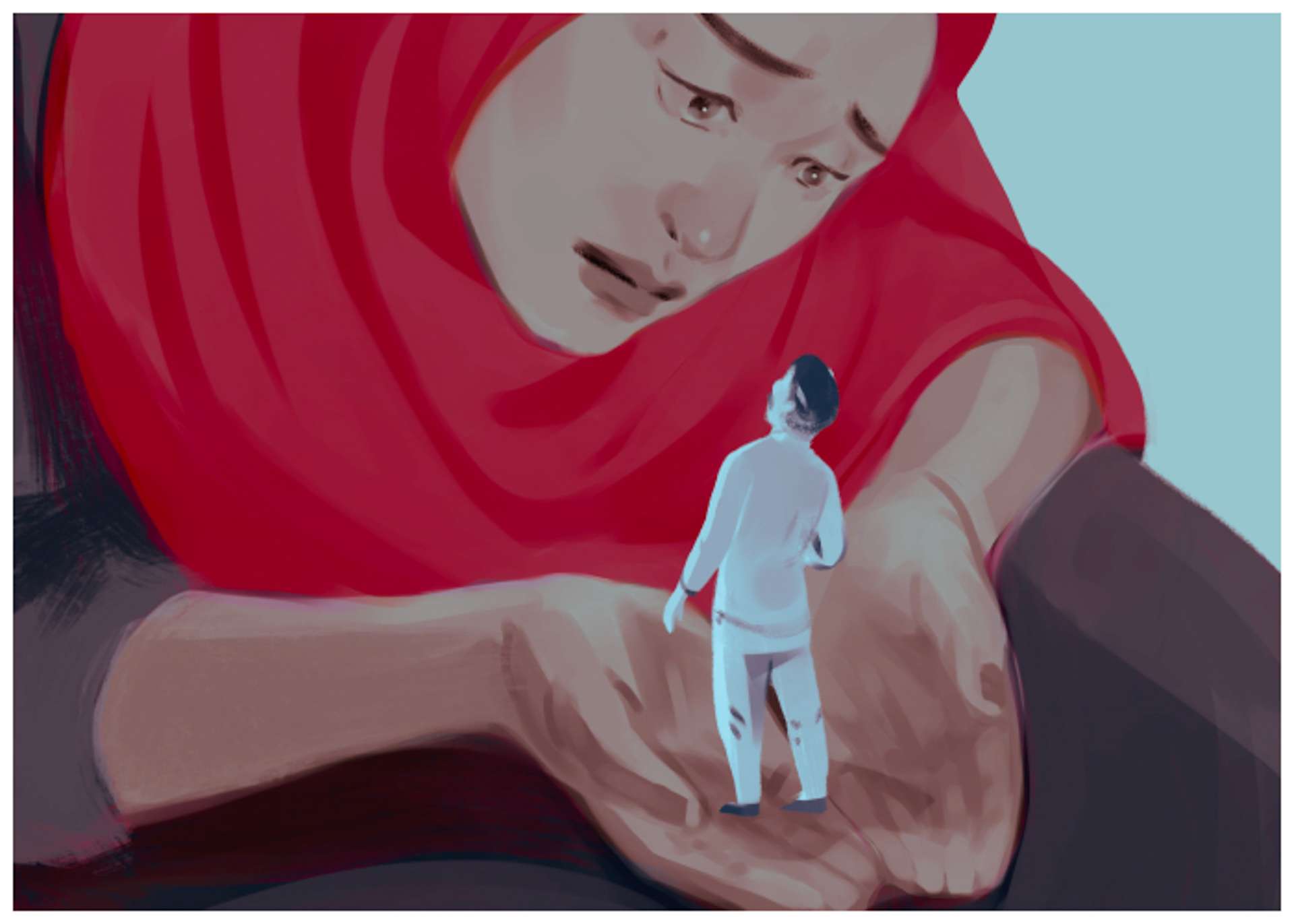 A conceptual illustration of Hafsa holding her father in her hand, looking at him with sadness