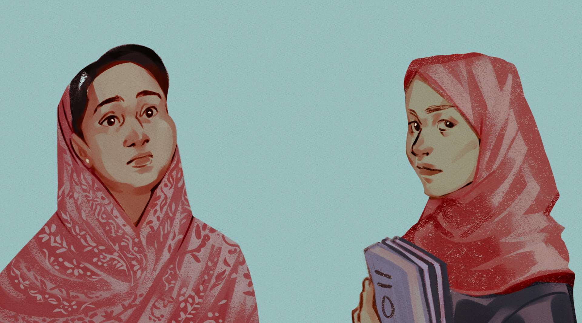 Close up portraits of Romida and Hafsa on a blue background, Hafsa holding a stack of books