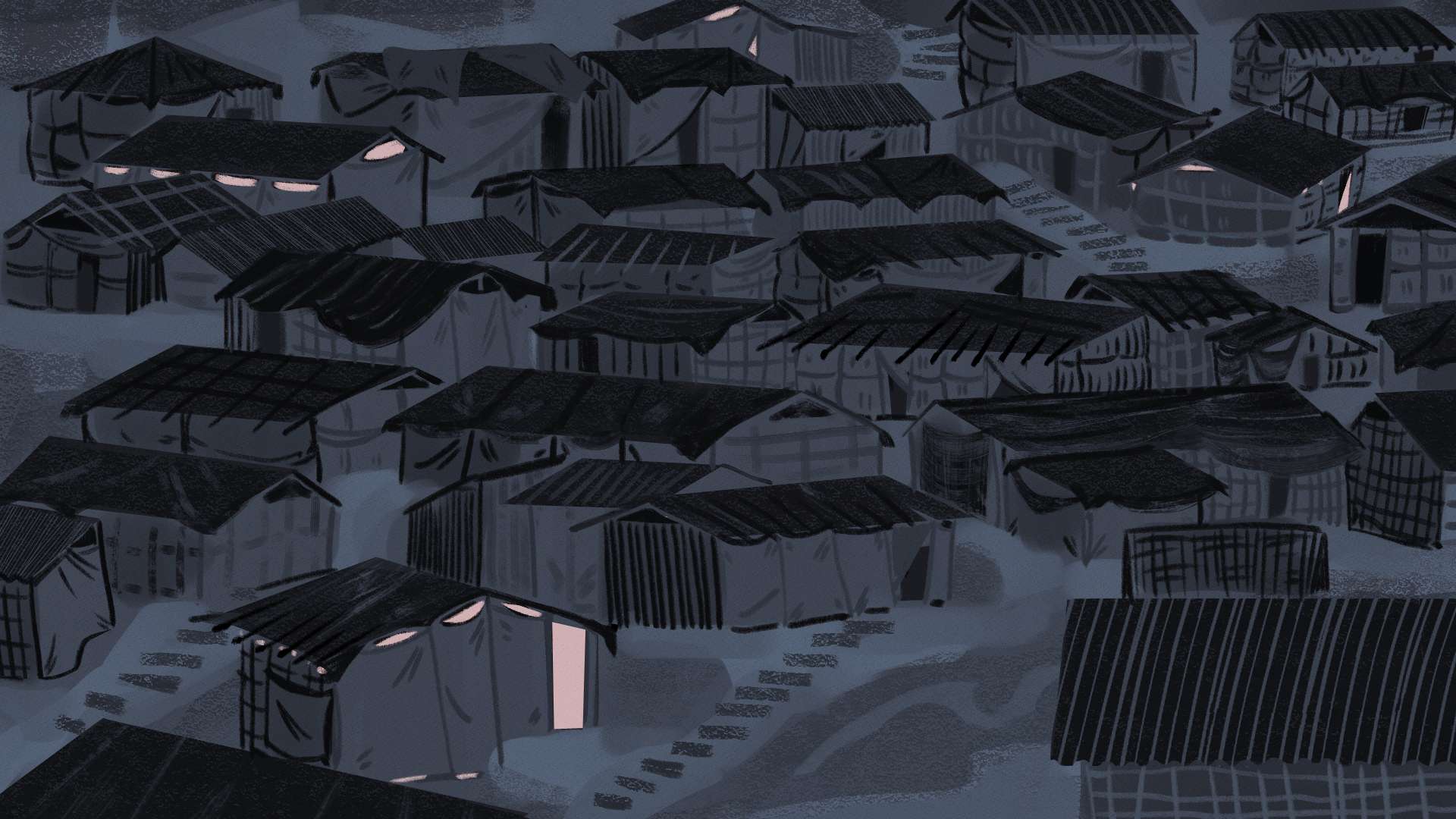 The same tents at night - people disappear and only a few houses lit